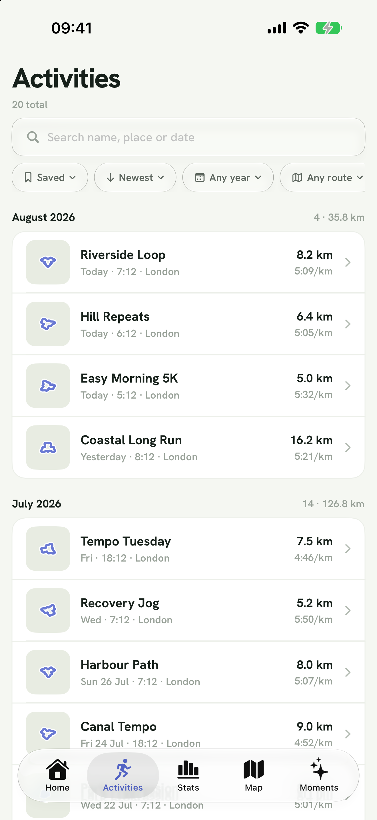 Orion Activities screen with a list of recent runs