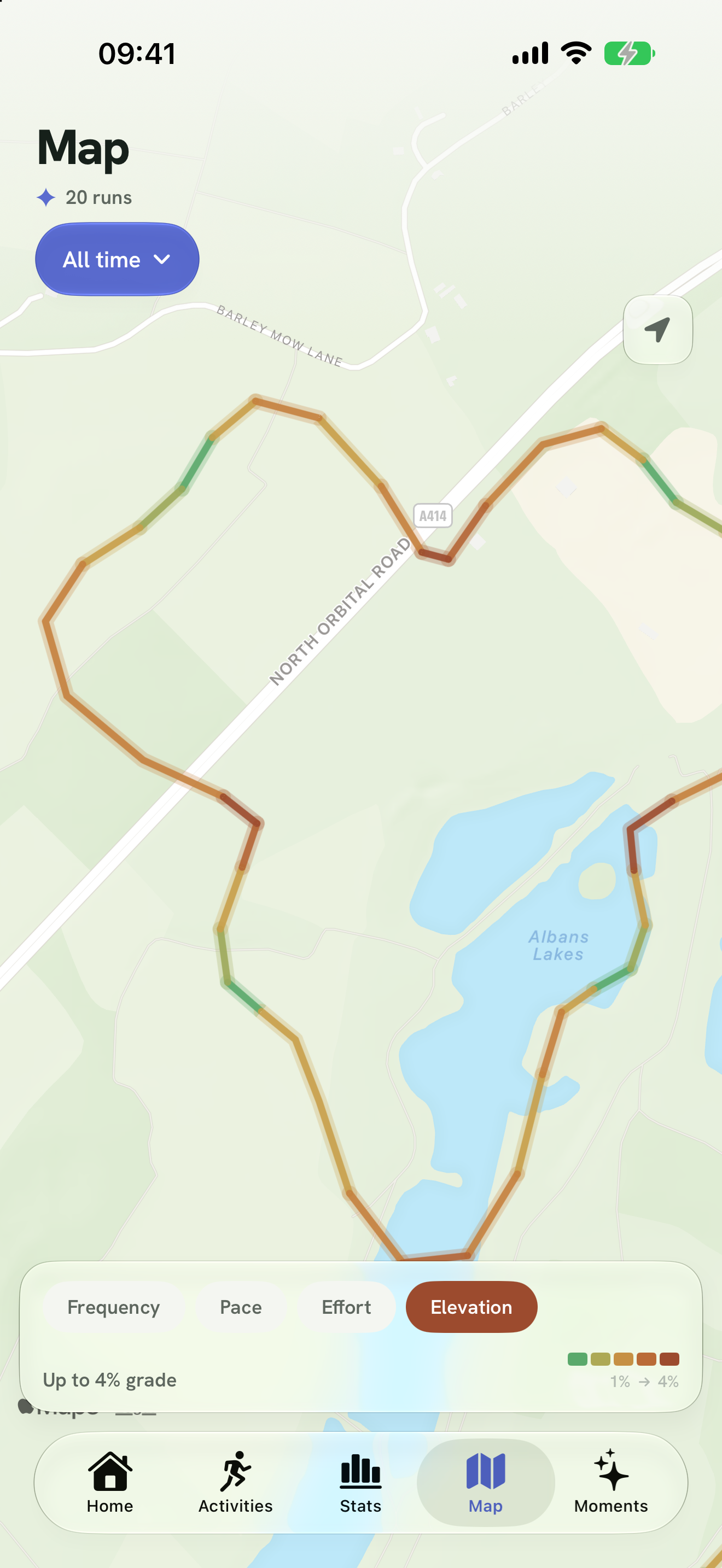 Orion Map screen with running routes across the city